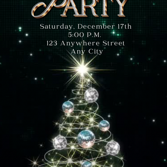 Editable Holiday Party video invitation featuring a sparkling Christmas tree decorated with glowing ornaments and twinkling lights. Perfect for office Christmas parties, family gatherings, or festive holiday celebrations. Mobile-friendly 1080x1920 Canva template with music, fully customizable text, and instant digital download. Easy to share via text, email, WhatsApp, or social media.