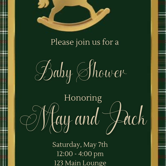 Editable green ralph lauren polo baby shower video invitation displayed on a mobile phone, featuring an animated vertical digital invite with music, created in Canva. This premium video invitation template is designed for sharing by text, email, and social media and works with an interactive RSVP website for easy guest response tracking.
