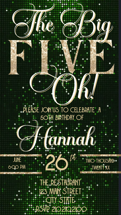 Green and Gold 50th Birthday Video Invitation –  RSVP tracking website - Editable Canva Animated Invite