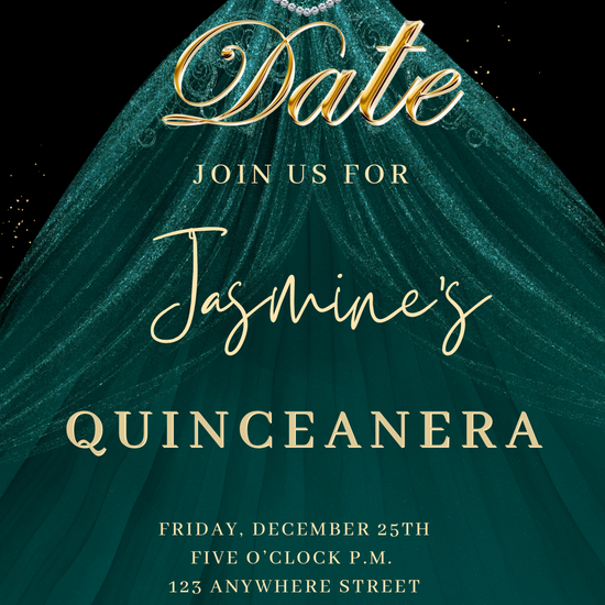 Teal and Gold Quinceanera Video Invite | Sweet 15 16 Quince RSVP Tracker | Editable Canva Evite Template