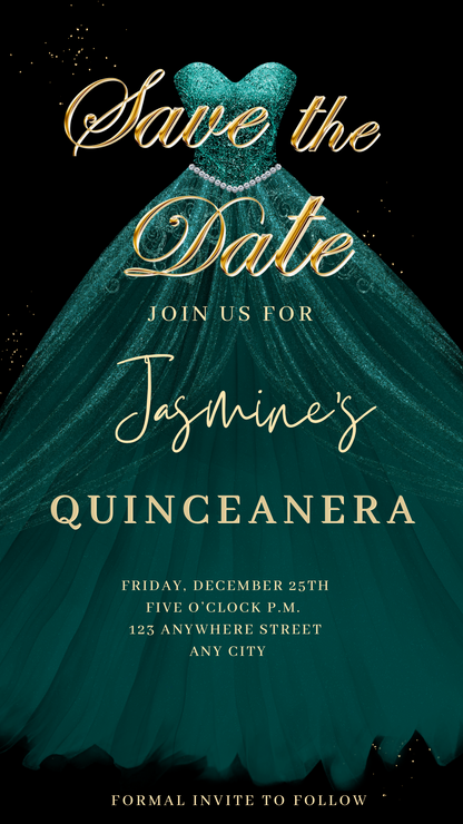 Teal and Gold Quinceanera Video Invite | Sweet 15 16 Quince RSVP Tracker | Editable Canva Evite Template