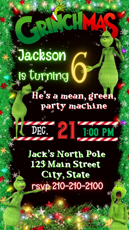 The Grinch Video Invitation | Digital Christmas Invite | Editable Canva Template