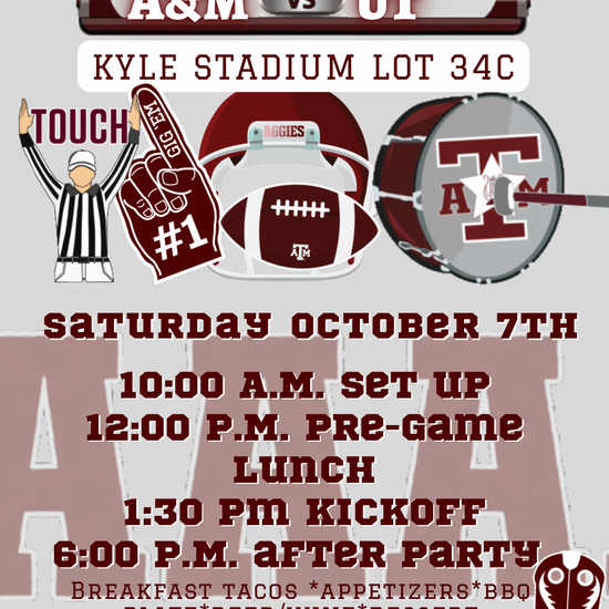 Editable Texas A&M vs. University of Texas tailgate party invitation. Digital Canva template with instant access, no PDF download. Features bold maroon and burnt orange team colors, football graphics, and gameday details. Perfect for rivalry games, tailgates, BBQ parties, and college football watch parties. Fully customizable and mobile-friendly for texting, email, or social media sharing.