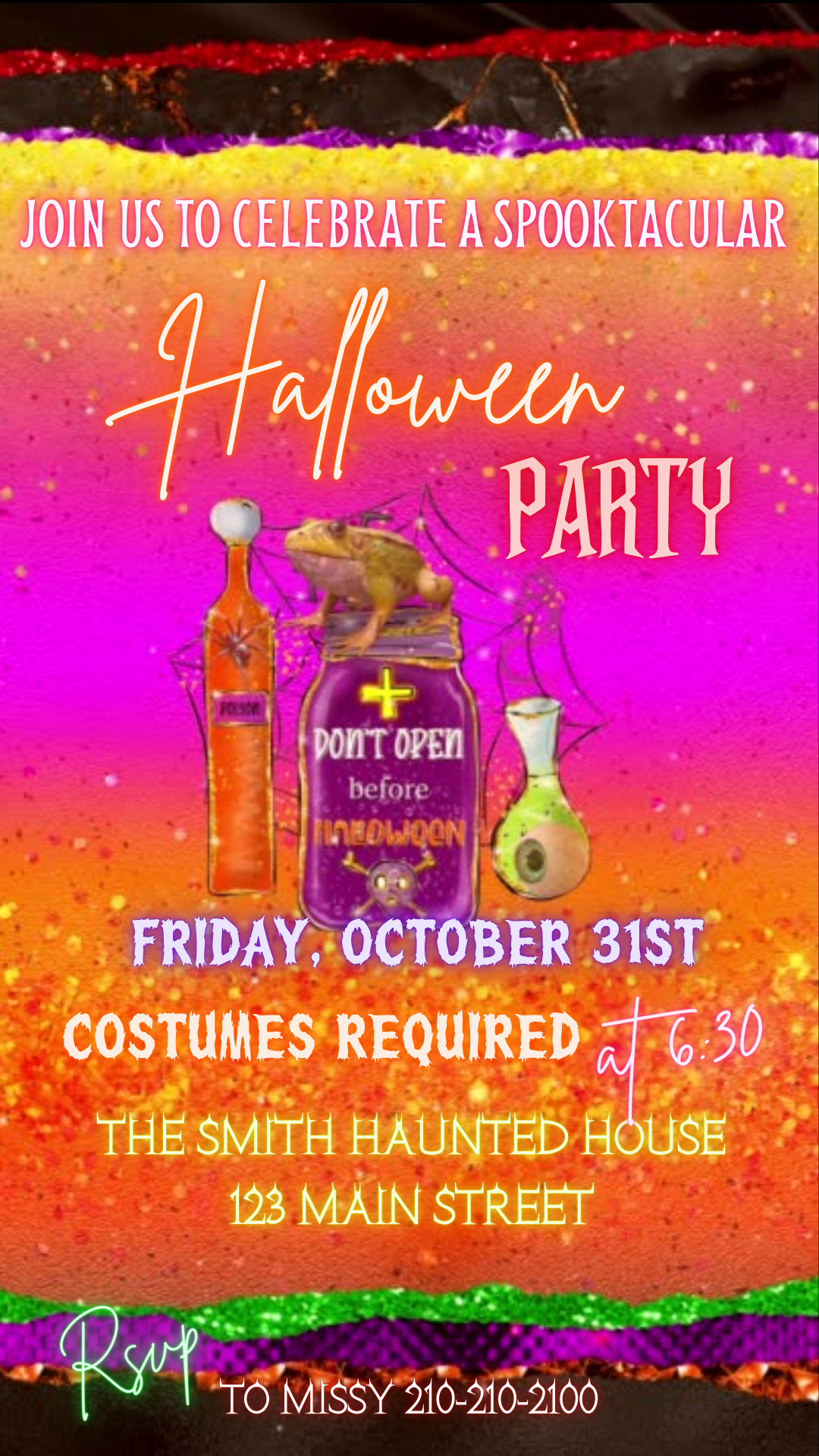 Editable Halloween Party video invitation featuring bright gradient colors, spooky potion bottles, and haunted house vibes. Perfect for costume parties and October 31st celebrations. Mobile-friendly 1080x1920 Canva template with music, customizable text, and vibrant animation. Instant download, easy to share via text, email, WhatsApp, or social media.