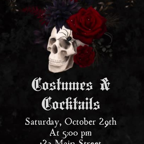 Editable gothic halloween wedding party wedding video invitation displayed on a mobile phone, featuring an animated vertical digital invite with music, created in Canva. This premium video invitation template is designed for sharing by text, email, and social media and works with an interactive RSVP website for easy guest response tracking.