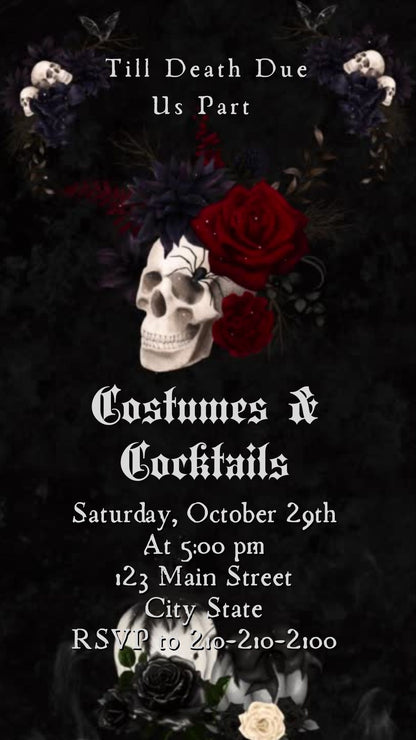 Editable gothic halloween wedding party wedding video invitation displayed on a mobile phone, featuring an animated vertical digital invite with music, created in Canva. This premium video invitation template is designed for sharing by text, email, and social media and works with an interactive RSVP website for easy guest response tracking.