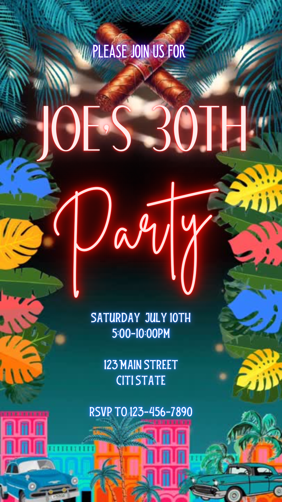 Editable Havana Nights video invitation with Cuban party theme featuring cigars, palm leaves, colorful buildings, and vintage cars. Animated vertical MP4 perfect for mobile sharing. Customize in Canva with your own event details, text, colors, and music. Ideal for birthdays, bachelorette parties, or any tropical celebration.
