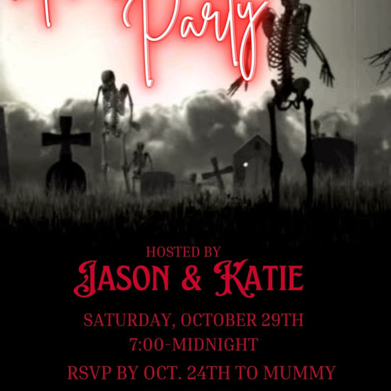 Editable graveyard halloween party party video invitation displayed on a mobile phone, featuring an animated vertical digital invite with music, created in Canva. This premium video invitation template is designed for sharing by text, email, and social media and works with an interactive RSVP website for easy guest response tracking.