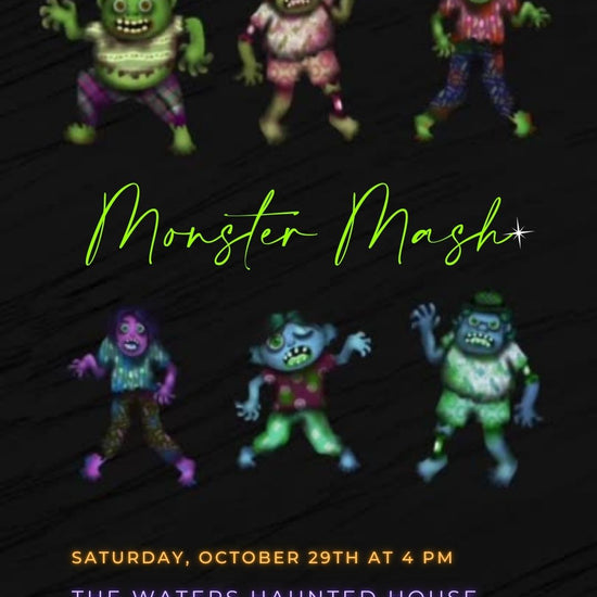 Editable monster mash halloween party party video invitation displayed on a mobile phone, featuring an animated vertical digital invite with music, created in Canva. This premium video invitation template is designed for sharing by text, email, and social media and works with an interactive RSVP website for easy guest response tracking.
