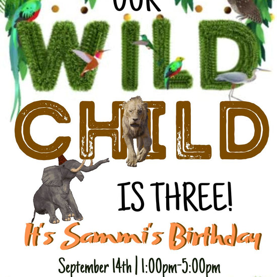 Editable wild jungle birthday birthday video invitation displayed on a mobile phone, featuring an animated vertical digital invite with music, created in Canva. This premium video invitation template is designed for sharing by text, email, and social media and works with an interactive RSVP website for easy guest response tracking.