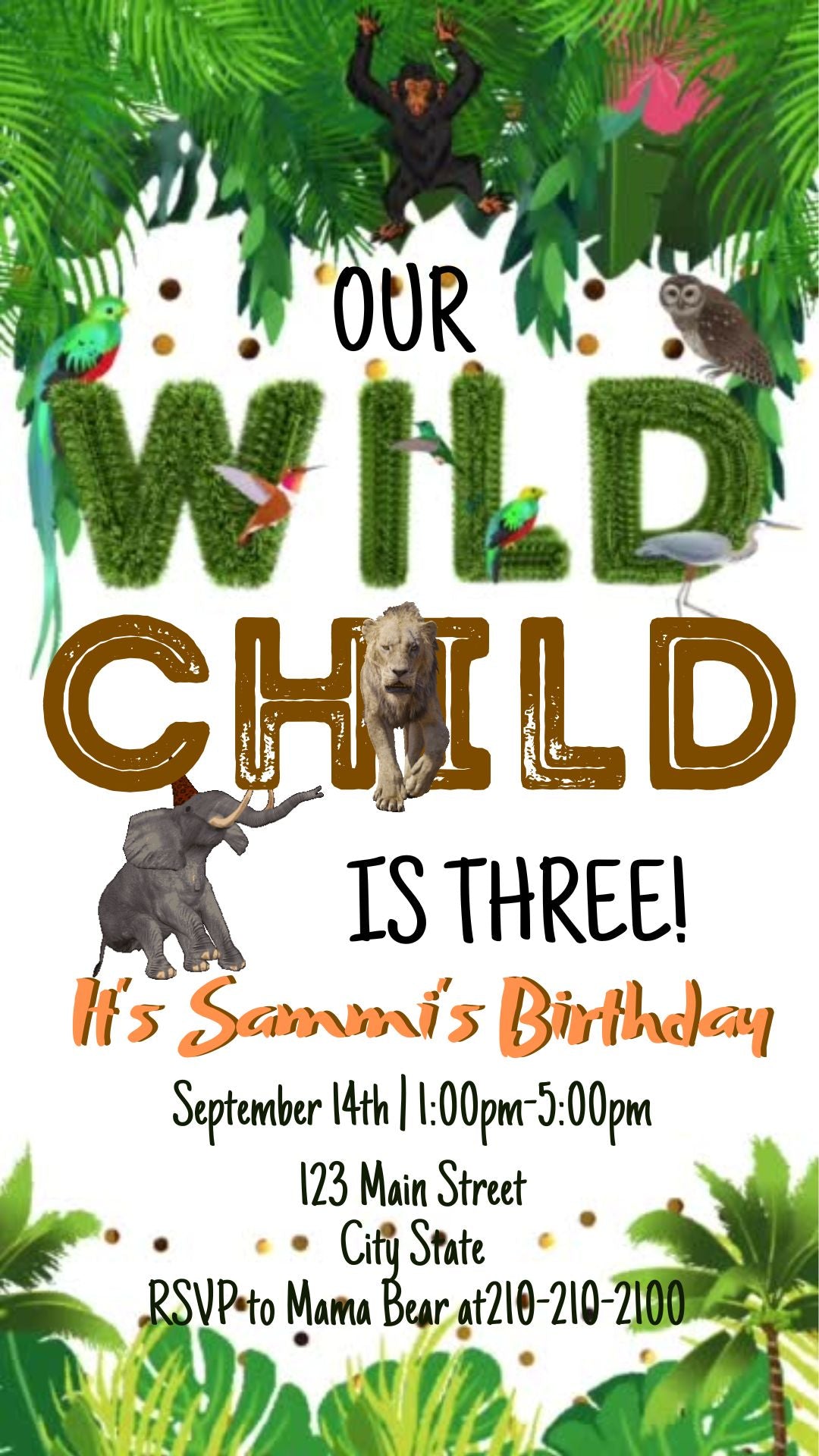 Editable wild jungle birthday birthday video invitation displayed on a mobile phone, featuring an animated vertical digital invite with music, created in Canva. This premium video invitation template is designed for sharing by text, email, and social media and works with an interactive RSVP website for easy guest response tracking.