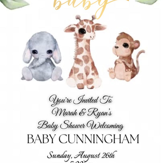 Editable safari baby shower baby shower video invitation displayed on a mobile phone, featuring an animated vertical digital invite with music, created in Canva. This premium video invitation template is designed for sharing by text, email, and social media and works with an interactive RSVP website for easy guest response tracking.