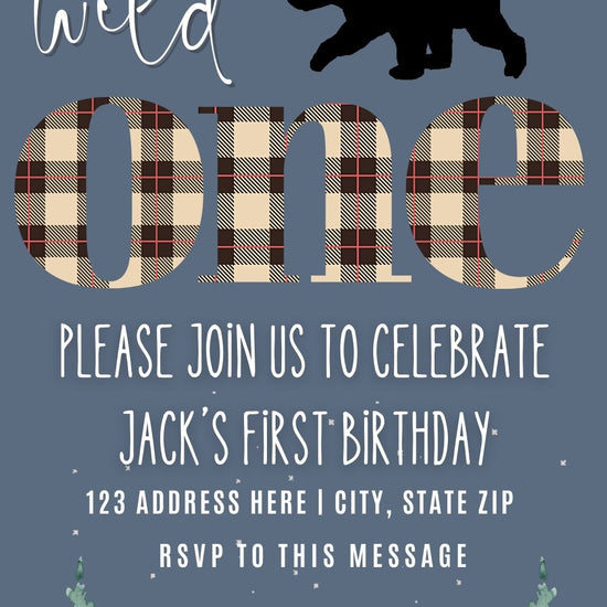 Editable wild one bear birthday birthday video invitation displayed on a mobile phone, featuring an animated vertical digital invite with music, created in Canva. This premium video invitation template is designed for sharing by text, email, and social media and works with an interactive RSVP website for easy guest response tracking.