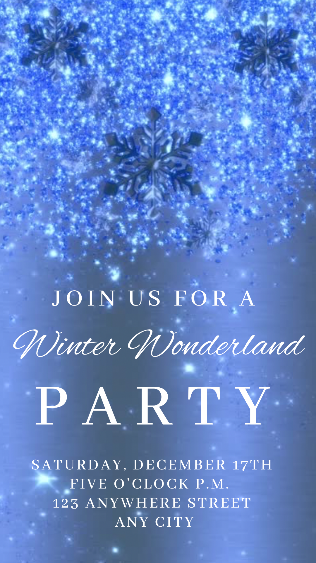 Editable Christmas snowflake video invitation template in vertical 1080×1920 format. Perfect for birthday parties and special occasions. Animated design editable in Canva with music and easy mobile download to share via text, email, or social media. Modern Canva video Evite for instant digital invites from Hostessy.