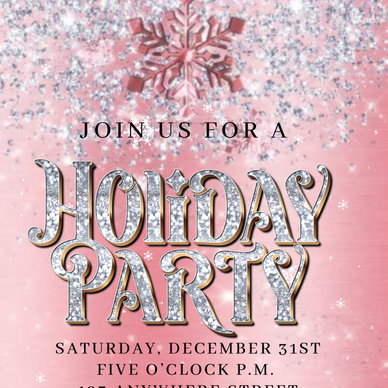 Editable Pink Holiday Party video invitation featuring sparkling silver glitter, elegant snowflakes, and a glamorous pink background. Perfect for Christmas gatherings, office parties, or New Year’s Eve celebrations. Mobile-friendly 1080x1920 Canva template with music, customizable text, and instant digital download. Easy to share via text, email, WhatsApp, or social media.