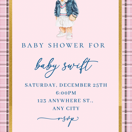 Editable pink Ralph Lauren–inspired baby shower video invitation with music and RSVP. Features plaid border, gold frame, and teddy bear wearing classic Polo-style outfit. Fully customizable Canva template sized 1080x1920 for mobile sharing. Perfect for luxury baby showers, preppy themes, or pink girl celebrations. Easily edit event details and send via text, email, or social media.