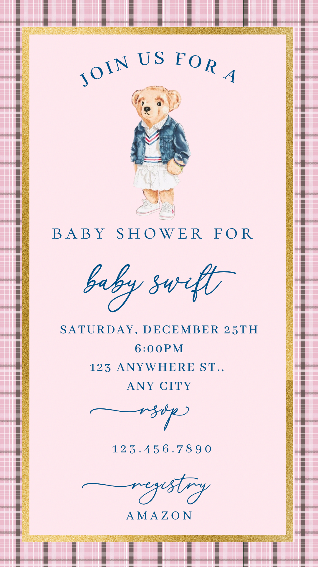 Editable pink Ralph Lauren–inspired baby shower video invitation with music and RSVP. Features plaid border, gold frame, and teddy bear wearing classic Polo-style outfit. Fully customizable Canva template sized 1080x1920 for mobile sharing. Perfect for luxury baby showers, preppy themes, or pink girl celebrations. Easily edit event details and send via text, email, or social media.