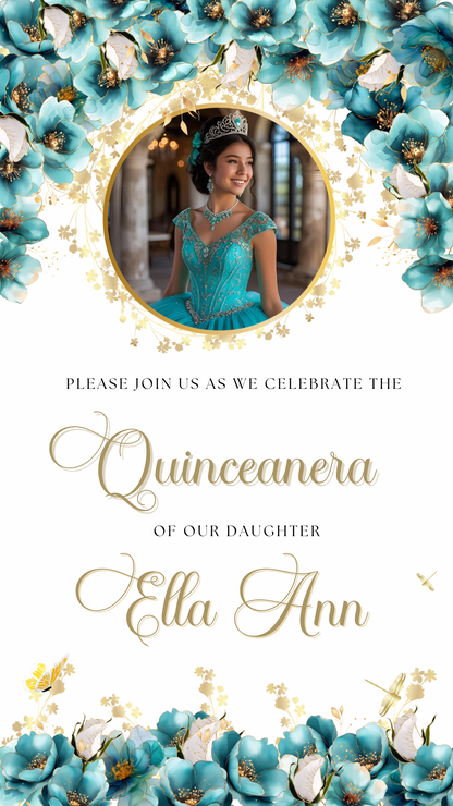 Turquoise and Gold Quinceanera Video Invite Animated Sweet 15 Quince Mobile Evite with RSVP tracking