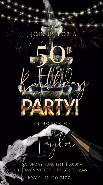 Gold Champagne Tower Video Invitation – Glam Birthday, Anniversary, Milestone, Retirement, Bachelorette Party Evite – Black & Gold Animated Invite