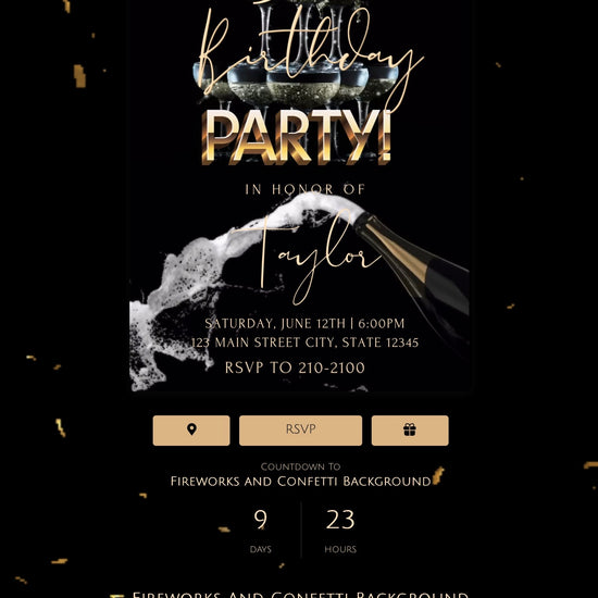 animated birthday video invitation with matching RSVP website and guest management platform. Personalized done-for-you invitation editing service includes custom music, RSVP tracking, guest website login access, interactive mobile invitation website, countdown timer, directions, registry links, and easy guest sharing experience through LYFETYMES.COM.
