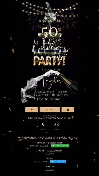 animated birthday video invitation with matching RSVP website and guest management platform. Personalized done-for-you invitation editing service includes custom music, RSVP tracking, guest website login access, interactive mobile invitation website, countdown timer, directions, registry links, and easy guest sharing experience through LYFETYMES.COM.