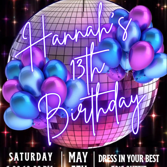 Editable disco birthday video invitation featuring a glowing purple disco ball, neon lights, and retro 70s typography. Perfect for milestone birthdays, dance parties, or 80s night events. Vertical 1080x1920 Canva template, customizable for names, dates, and RSVP details. Easy to share via text or social media.