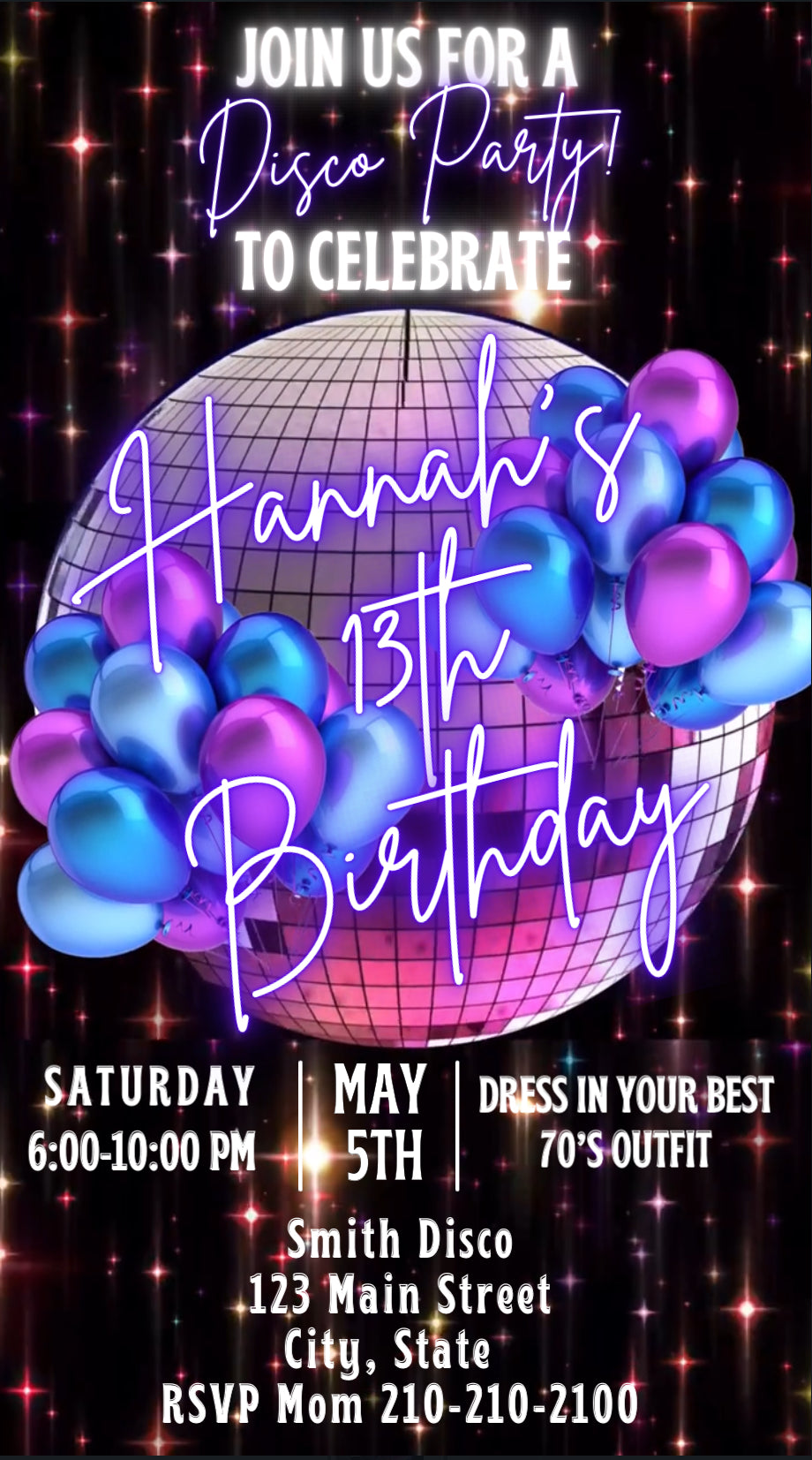 Editable disco birthday video invitation featuring a glowing purple disco ball, neon lights, and retro 70s typography. Perfect for milestone birthdays, dance parties, or 80s night events. Vertical 1080x1920 Canva template, customizable for names, dates, and RSVP details. Easy to share via text or social media.
