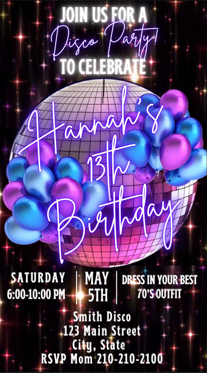 Editable disco birthday video invitation featuring a glowing purple disco ball, neon lights, and retro 70s typography. Perfect for milestone birthdays, dance parties, or 80s night events. Vertical 1080x1920 Canva template, customizable for names, dates, and RSVP details. Easy to share via text or social media.