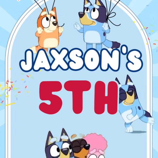 Editable Bluey-themed birthday invitation for 5-year-old featuring text “This Episode is Called Jaxson’s 5th Birthday” with Bluey, Bingo, and party balloons.Fun party invite with Bluey characters and photo placeholder for birthday child. Includes date, time, and party address with festive cartoon animals.Bluey family dancing under confetti with RSVP info and bold “See You There!” text. Perfect digital evite for Bluey birthday celebration.