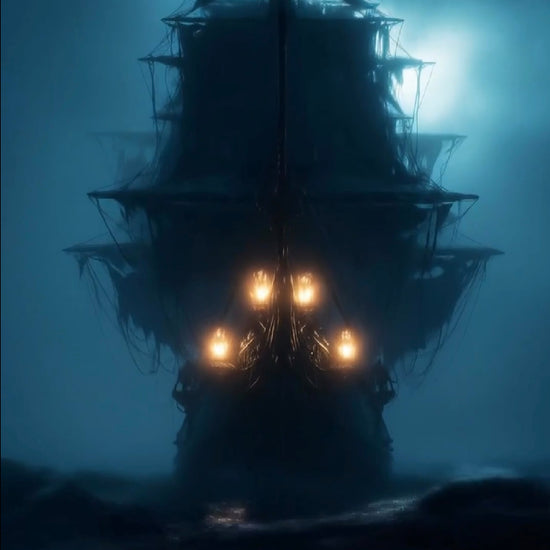 Editable ghost ship Halloween video invitation with spooky pirate ship, glowing-eyed skeletons, and eerie ocean mist. Mobile-friendly vertical MP4 format with music, perfect for adult Halloween or costume parties. Easy to edit in Canva and send via text, email, or social media.