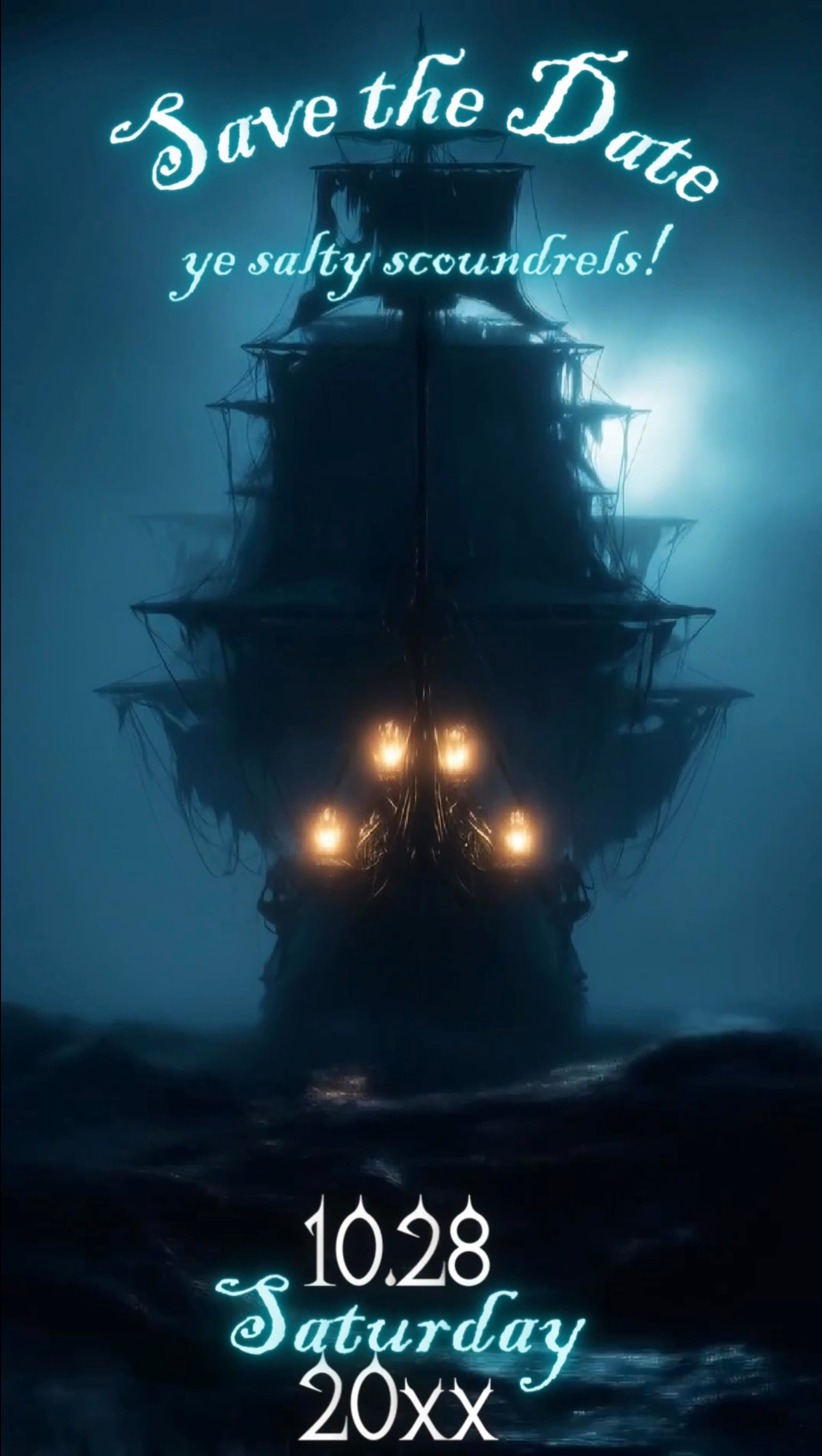 Editable ghost ship Halloween video invitation with spooky pirate ship, glowing-eyed skeletons, and eerie ocean mist. Mobile-friendly vertical MP4 format with music, perfect for adult Halloween or costume parties. Easy to edit in Canva and send via text, email, or social media.