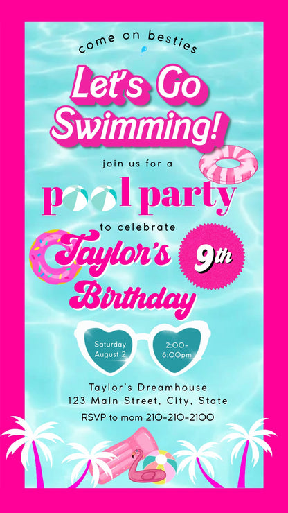 Barbie Pool Party Video Invite Summer Tween Pink Party