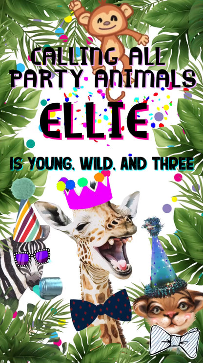 Party Animals Video Invitation Template | Mobile Animated Invite Kids Birthday | Canva Video Evite Download