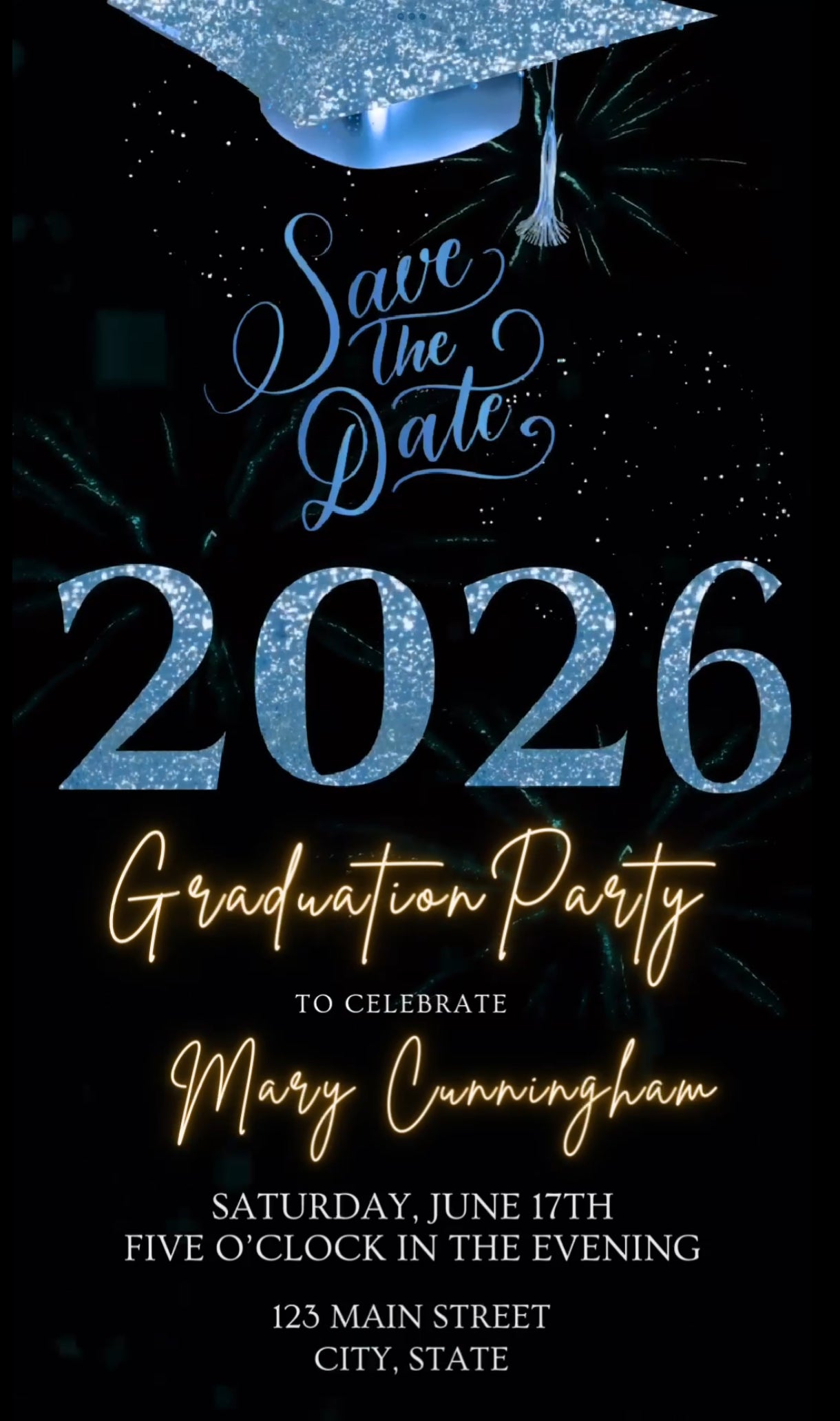 Blue Graduation Party Video Invitation | Class of 2026 Photo Invite | Editable Online RSVP Evite Canva Template