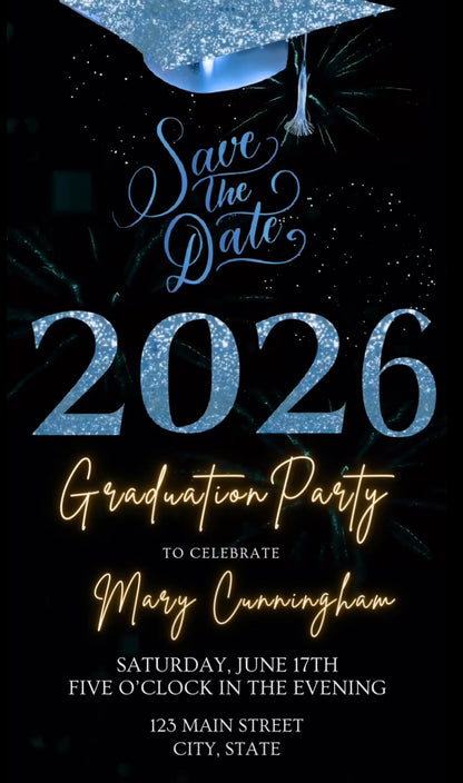 Blue Graduation Party Video Invitation | Class of 2026 Photo Invite | Editable Online RSVP Evite Canva Template