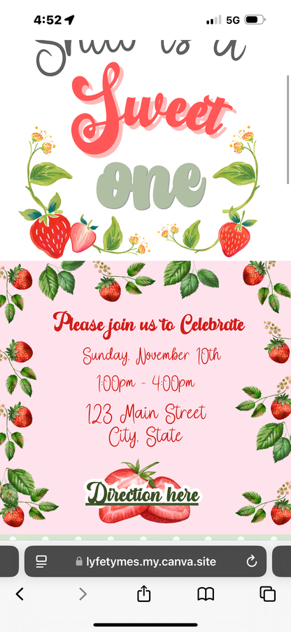 Strawberry 1st Birthday Party Berry Sweet Invitation Website Sweet One RSVP