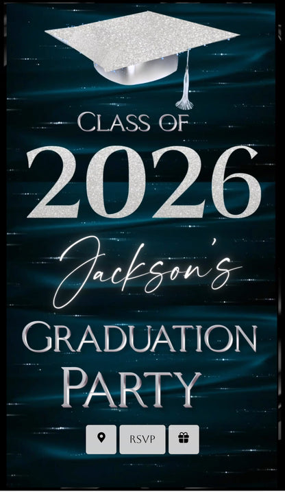 Graduation Party Video Invitation | Class of 2026 Teal and Silver Invite for Him | Editable Online RSVP Evite Canva Template