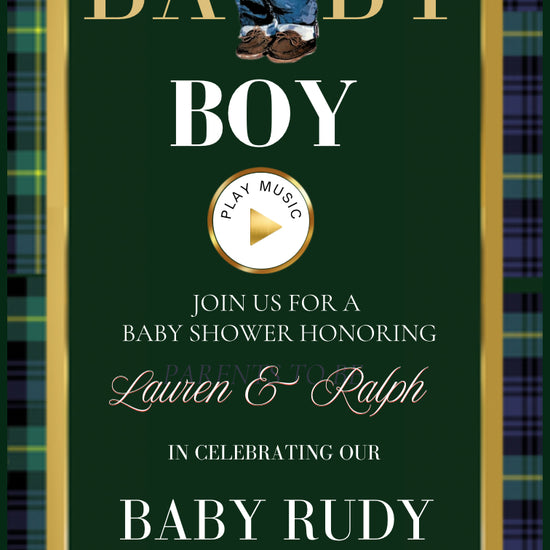 Polo Bear baby shower interactive website invitation featuring preppy green and navy plaid, gold accents, and animated bear graphics. Includes RSVP button, countdown timer, diaper raffle, books for baby, registry links, and event details. Fully editable Canva template optimized for mobile viewing. Perfect for luxury baby boy showers and preppy Ralph Lauren–inspired celebrations.
