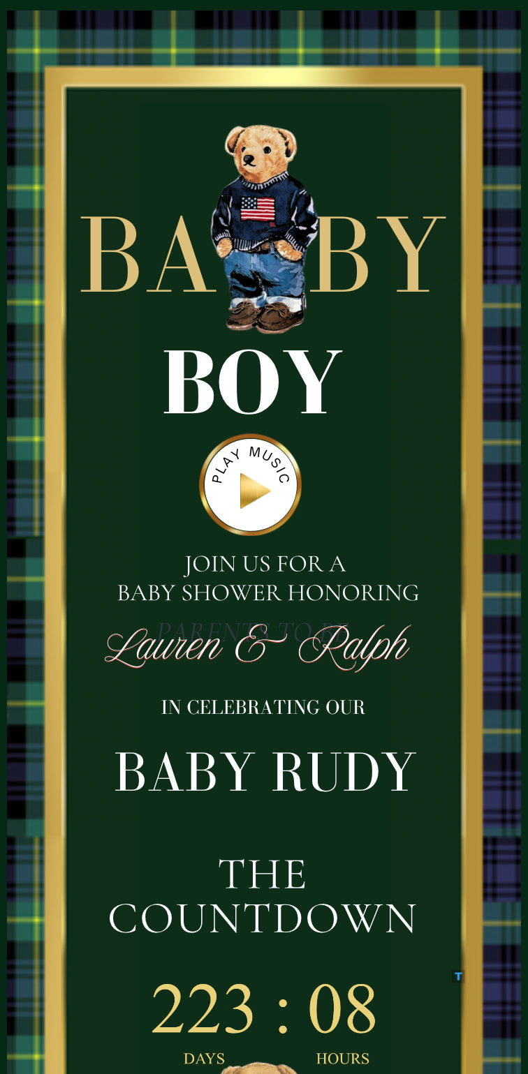 Polo Bear baby shower interactive website invitation featuring preppy green and navy plaid, gold accents, and animated bear graphics. Includes RSVP button, countdown timer, diaper raffle, books for baby, registry links, and event details. Fully editable Canva template optimized for mobile viewing. Perfect for luxury baby boy showers and preppy Ralph Lauren–inspired celebrations.
