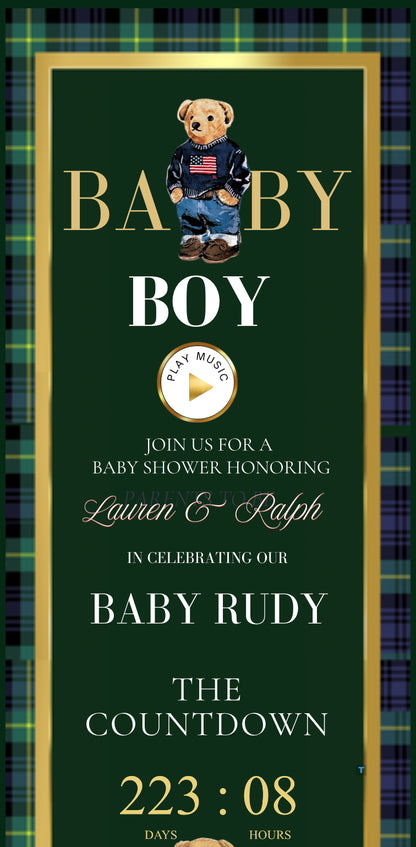 Polo Bear baby shower interactive website invitation featuring preppy green and navy plaid, gold accents, and animated bear graphics. Includes RSVP button, countdown timer, diaper raffle, books for baby, registry links, and event details. Fully editable Canva template optimized for mobile viewing. Perfect for luxury baby boy showers and preppy Ralph Lauren–inspired celebrations.
