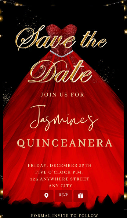 Red Quinceanera Video Invite | Sweet 15 16 Quince RSVP Tracker | Editable Canva Evite Template