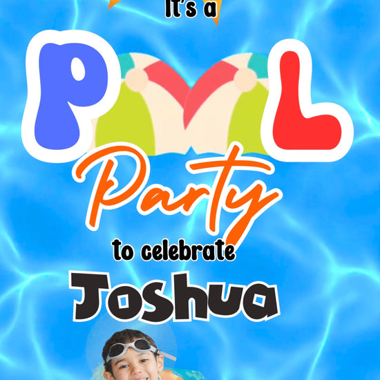 Smartphone displaying pool boy party video invitation with bright swim graphics