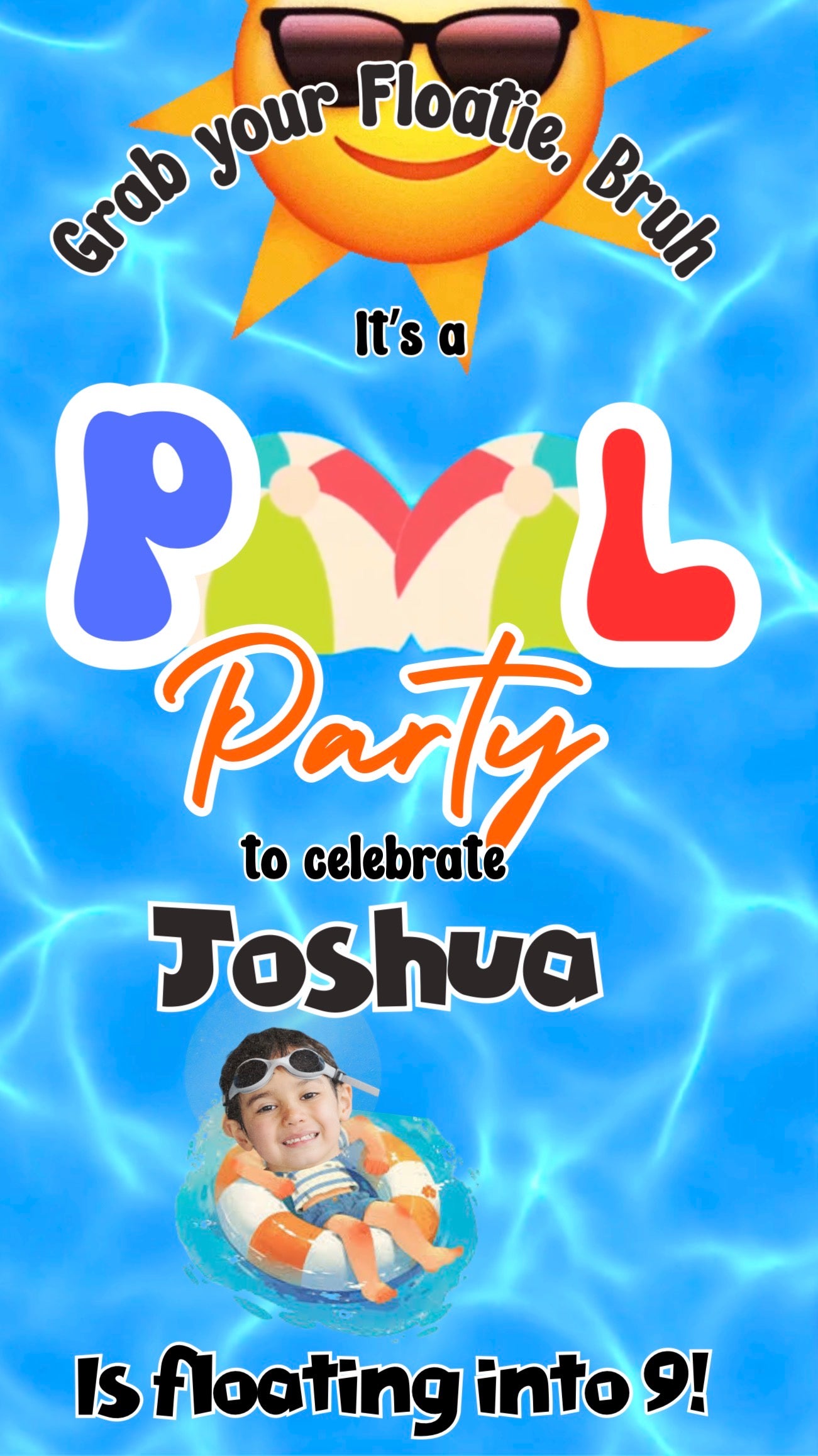 Smartphone displaying pool boy party video invitation with bright swim graphics