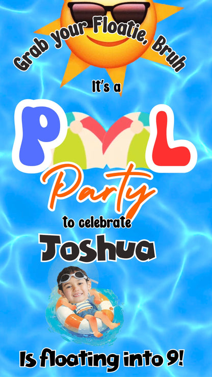 Smartphone displaying pool boy party video invitation with bright swim graphics