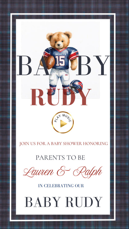 Football Polo Bear Baby Shower Invitation Website | Animated Baby Shower Invite with Rsvp tracking