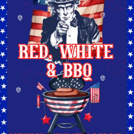 Editable red white blue bbq party party video invitation displayed on a mobile phone, featuring an animated vertical digital invite with music, created in Canva. This premium video invitation template is designed for sharing by text, email, and social media and works with an interactive RSVP website for easy guest response tracking.