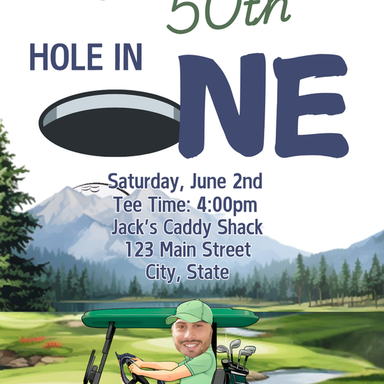 Smartphone showing Caddy Shack party video invitation with golf green background