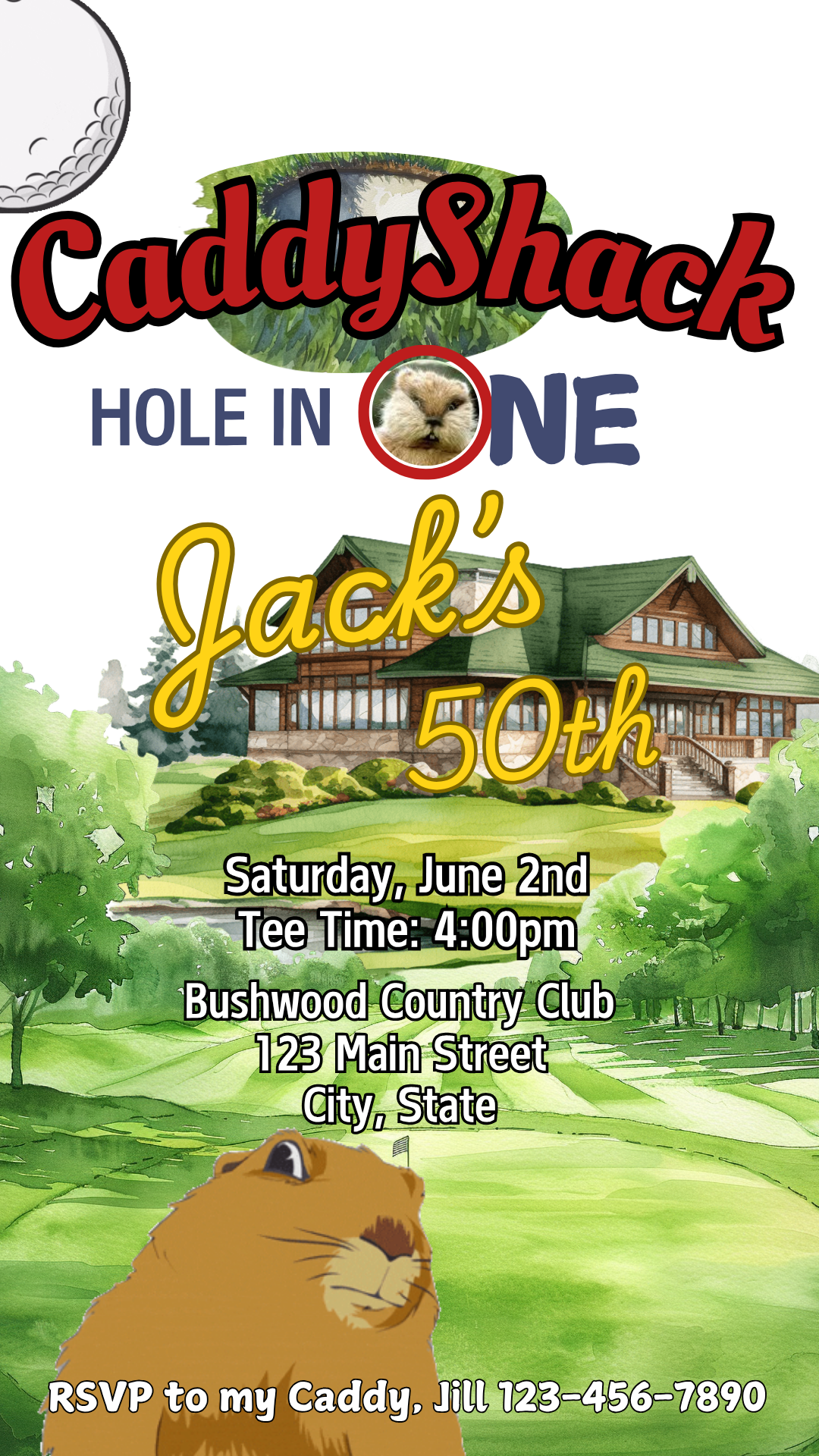 Smartphone showing Caddy Shack Invite party video invitation with golf green design