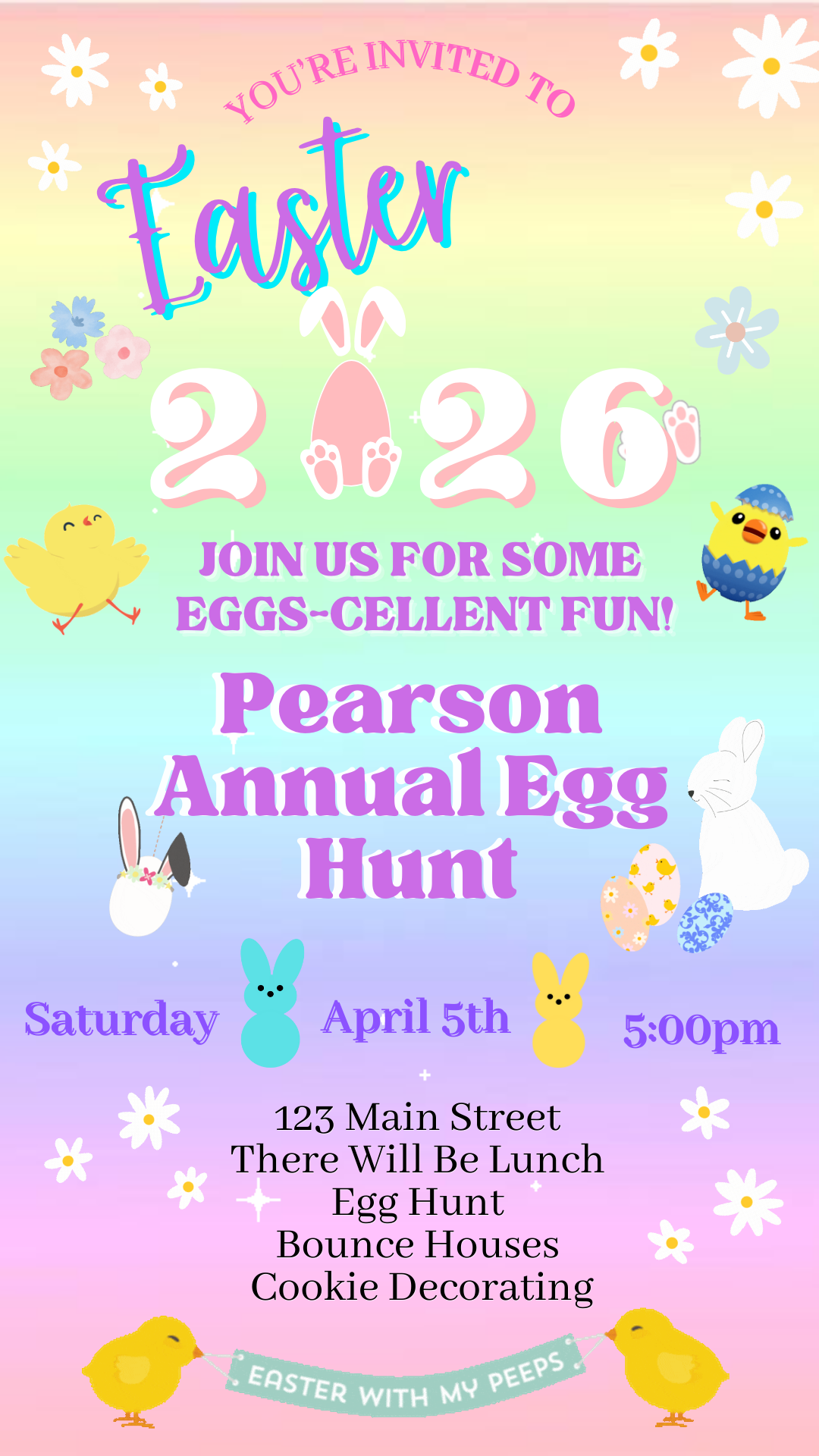 🐣 Party With My Peeps Easter Video Invitation – Editable Canva Template

Make Easter planning effortless and adorable with this Party With My Peeps Easter Video Invitation Canva Template. Designed for modern hosts who want something fun, fast, and memorable, this animated Easter invite is perfect for Easter parties, kids’ celebrations, egg hunts, classroom events, church gatherings, and spring parties.