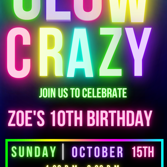 Smartphone showing Glow Crazy party video invitation with neon text